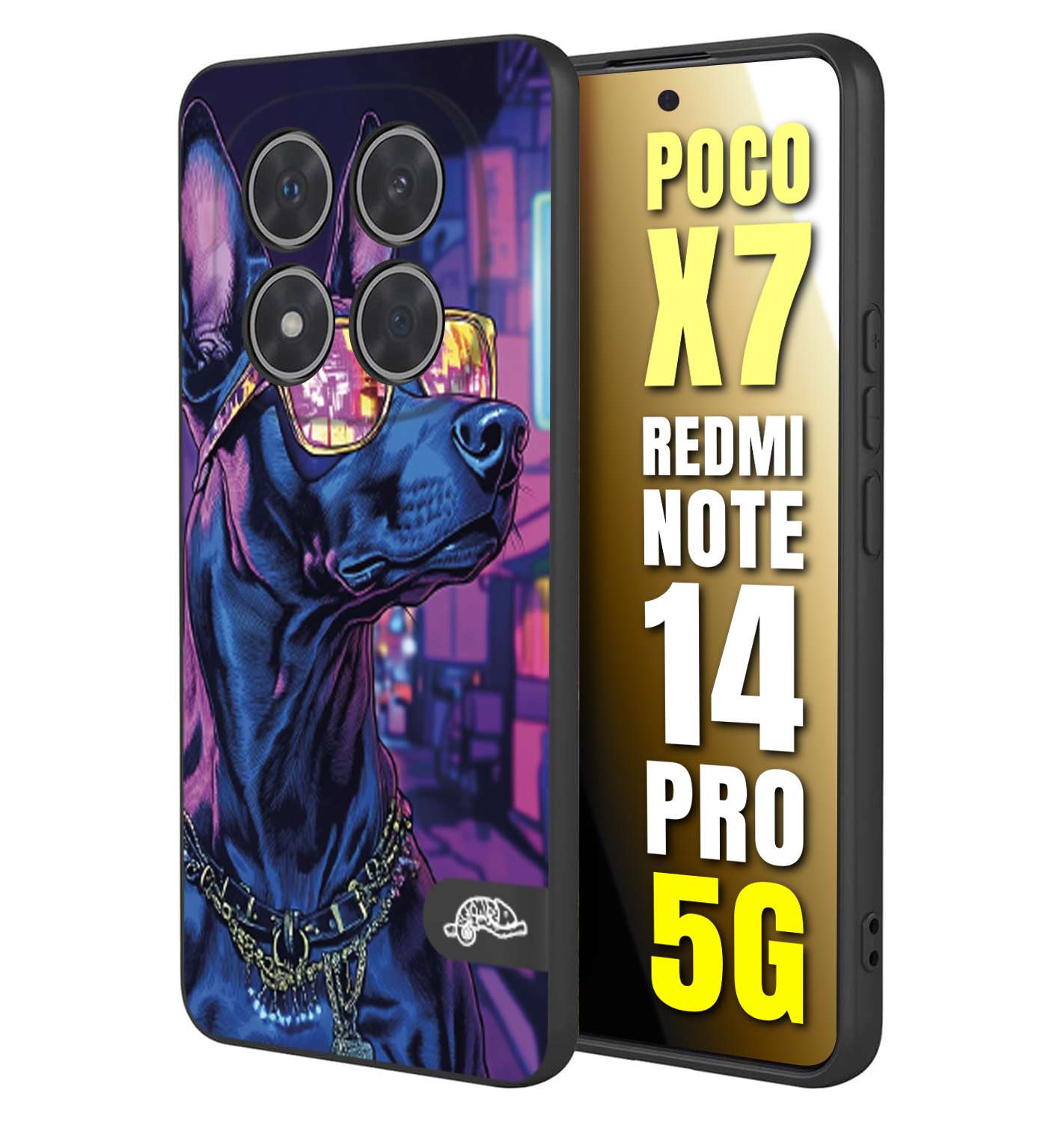 CUSTOMIZZA - Custodia cover nera morbida in tpu compatibile per Xiaomi Redmi Note 14 PRO 5G animali cyberpunk dobermann cane street dog fucsia blu night