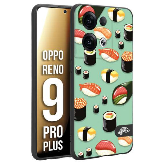 CUSTOMIZZA - Custodia cover nera morbida in tpu compatibile per Oppo Reno 9 PRO PLUS sushi disegni giapponese nighiri acquamarina verde