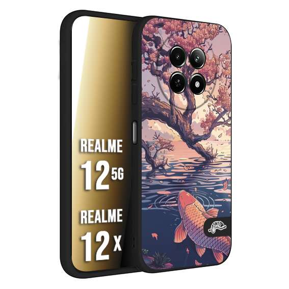 CUSTOMIZZA - Custodia cover nera morbida in tpu compatibile per Realme 12 5G - 12X giapponese lago carpa koi rosa con foglie d'acero disegnata tattoo