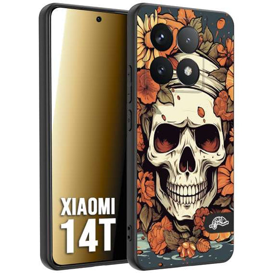 CUSTOMIZZA - Custodia cover nera morbida in tpu compatibile per Xiaomi 14T teschio skull flowers fiori tattoo disegnato alta definizione