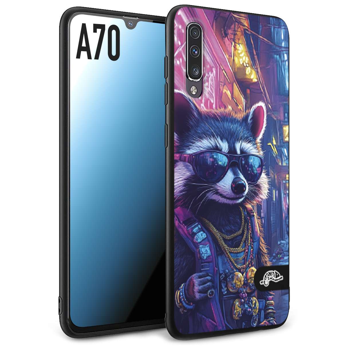 CUSTOMIZZA - Custodia cover nera morbida in tpu compatibile per Samsung A70 animali simpatici cyberpunk procione racoon street cat fucsia blu giallo