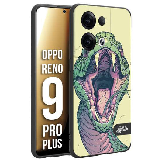 CUSTOMIZZA - Custodia cover nera morbida in tpu compatibile per Oppo Reno 9 PRO PLUS snake yellow green serpente tatuaggio tattoo disegnato a mano