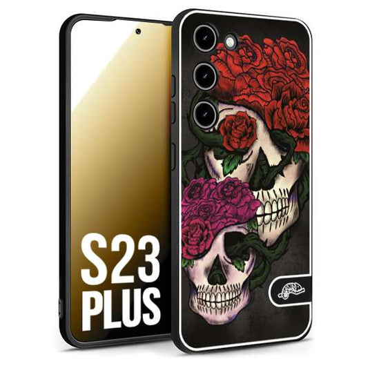 CUSTOMIZZA - Custodia cover nera morbida in tpu compatibile per Samsung S23 PLUS teschi e rose rosse fucsia skull and roses