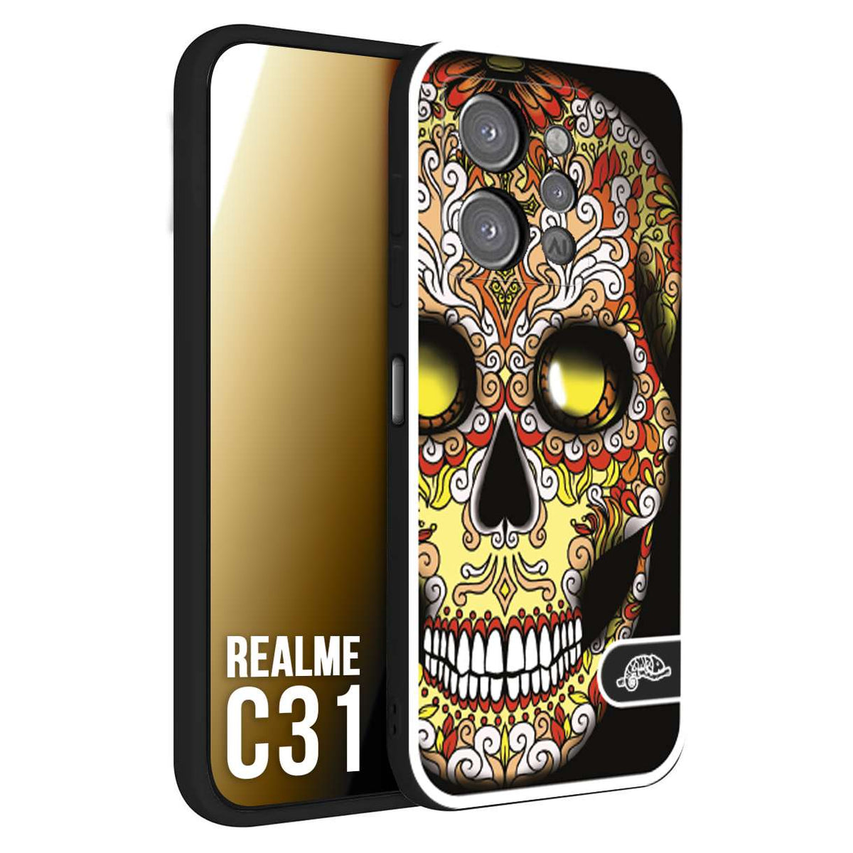 CUSTOMIZZA - Custodia cover nera morbida in tpu compatibile per Realme C31 teschio messicano Mexican skull giallo rosso arancio