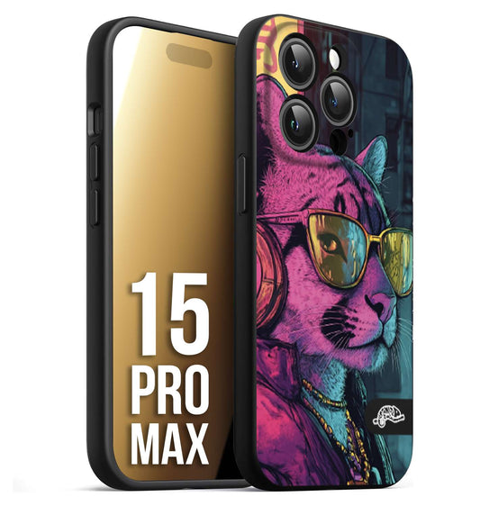 CUSTOMIZZA - Custodia cover nera morbida in tpu compatibile per iPhone 15 PRO MAX animali cyberpunk pantera street cat fucsia blu giallo