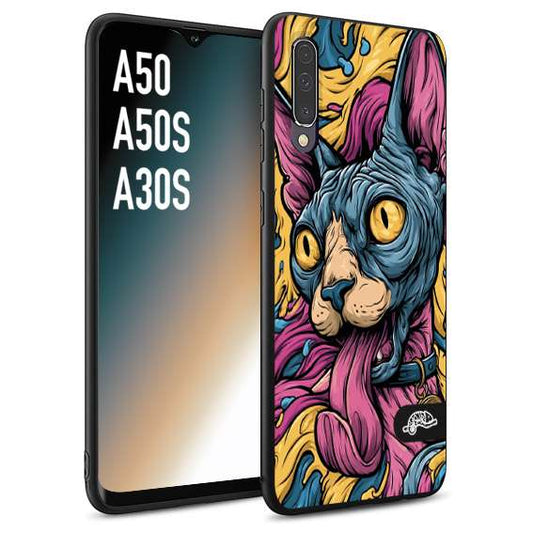 CUSTOMIZZA - Custodia cover nera morbida in tpu compatibile per Samsung A50 - A50S - A30S Sphynx Colorato Pop Art Psichedelico Gatto Blu Rosa Giallo Artistica Fantasy