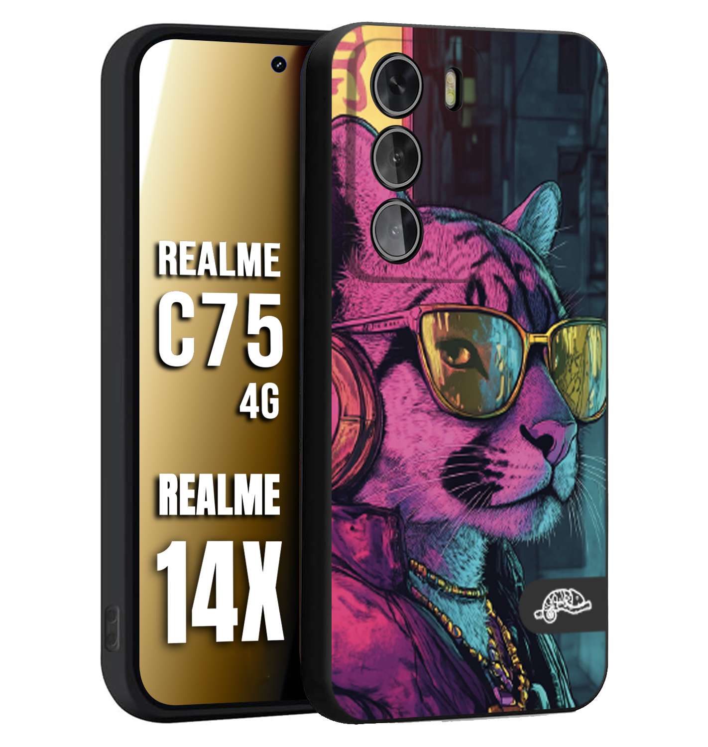 CUSTOMIZZA - Custodia cover nera morbida in tpu compatibile per Realme 14X - C75 4G animali cyberpunk pantera street cat fucsia blu giallo