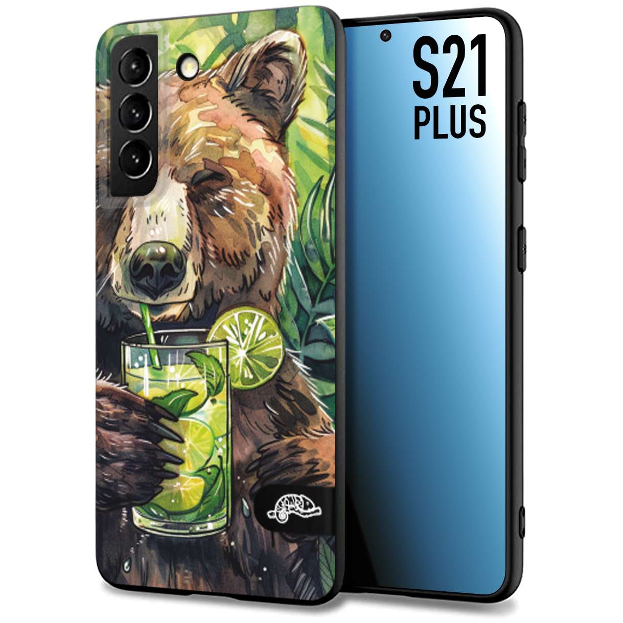 CUSTOMIZZA - Custodia cover nera morbida in tpu compatibile per Samsung S21 PLUS estate disegnata cocktails animali simpatici orso bear negroni