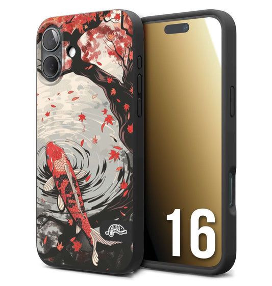 CUSTOMIZZA - Custodia cover nera morbida in tpu compatibile per iPhone 16 giapponese lago carpa koi rossa con foglie d'acero rosso disegnata tattoo