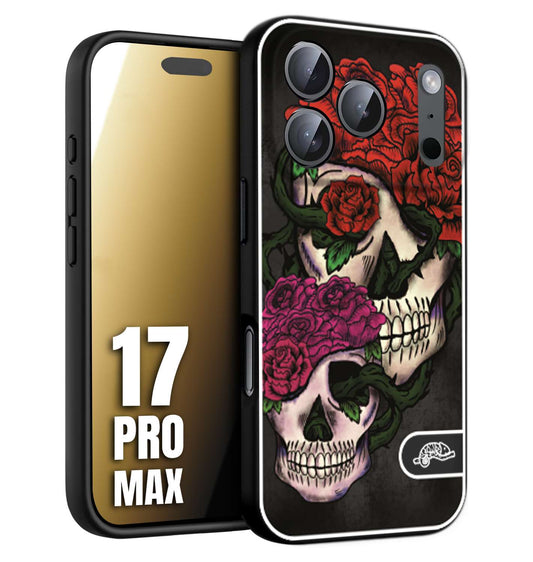 CUSTOMIZZA - Custodia cover nera morbida in tpu compatibile per iPhone 17 PRO MAX teschi e rose rosse fucsia skull and roses