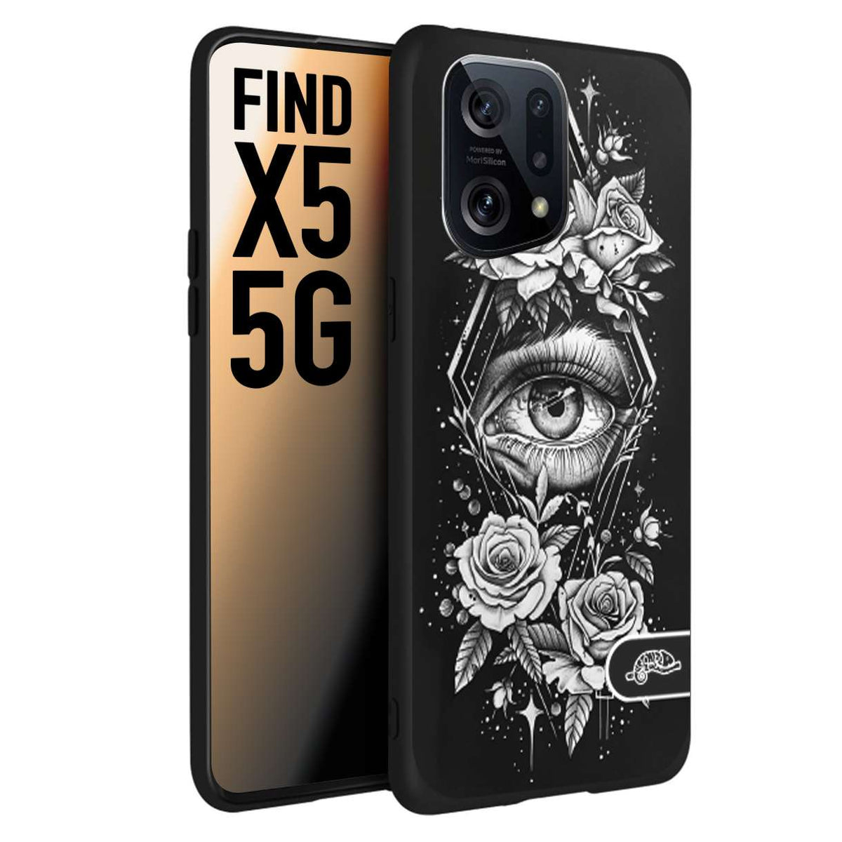 CUSTOMIZZA - Custodia cover nera morbida in tpu compatibile per Oppo Find X5 occhio fiori rombo geometrico black and white bianco a rilievo disegnato tattoo tatuaggio