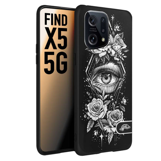 CUSTOMIZZA - Custodia cover nera morbida in tpu compatibile per Oppo Find X5 occhio fiori rombo geometrico black and white bianco a rilievo disegnato tattoo tatuaggio