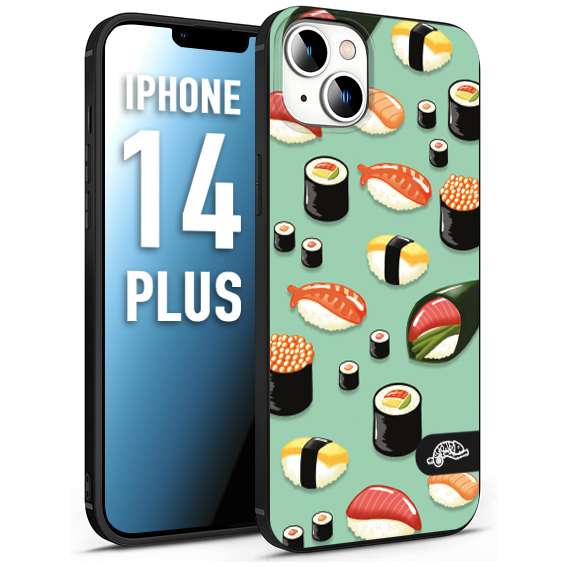 CUSTOMIZZA - Custodia cover nera morbida in tpu compatibile per iPhone 14 PLUS sushi disegni giapponese nighiri acquamarina verde