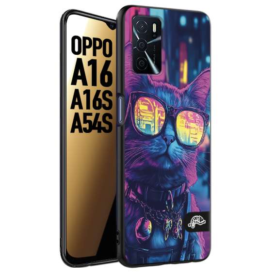CUSTOMIZZA - Custodia cover nera morbida in tpu compatibile per Oppo A16 - A16S - A54S animali cyberpunk gatto street cat fucsia blu giallo
