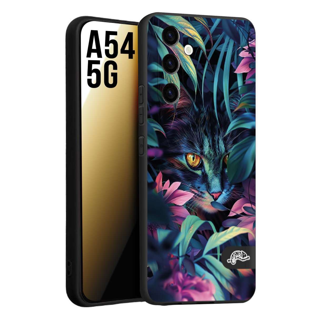 CUSTOMIZZA - Custodia cover nera morbida in tpu compatibile per Samsung A54 5G animali color giungla tropicale occhio di gatto colori vibranti disegnato