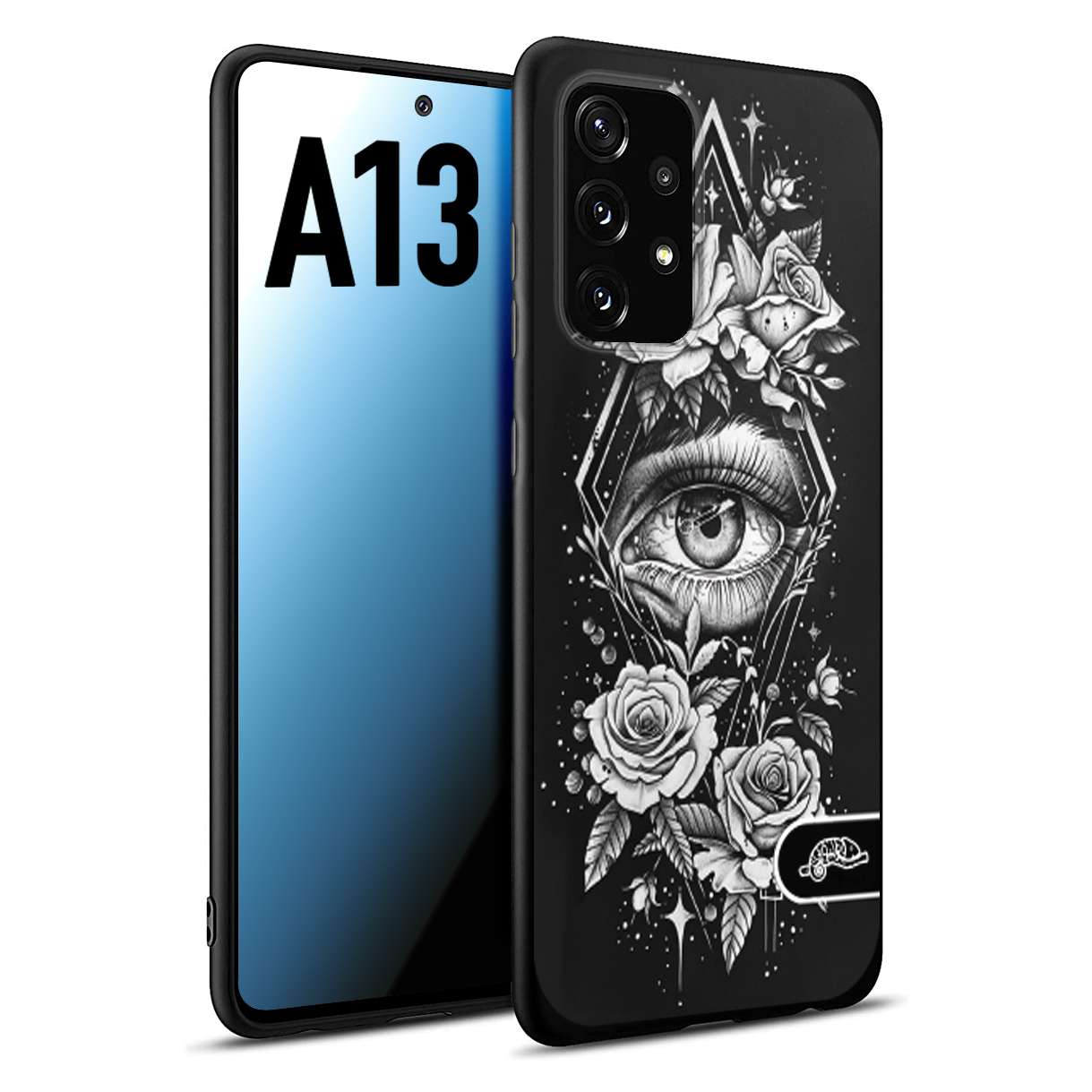 CUSTOMIZZA - Custodia cover nera morbida in tpu compatibile per Samsung A13 occhio fiori rombo geometrico black and white bianco a rilievo disegnato tattoo tatuaggio