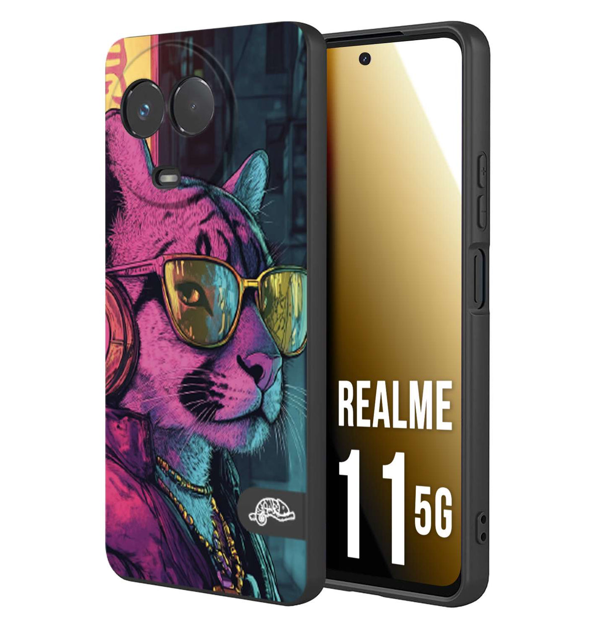 CUSTOMIZZA - Custodia cover nera morbida in tpu compatibile per Realme 11 5G animali cyberpunk pantera street cat fucsia blu giallo