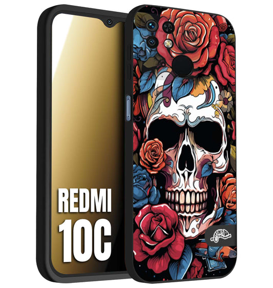 CUSTOMIZZA - Custodia cover nera morbida in tpu compatibile per Xiaomi Redmi 10C teschio skull flowers fiori rose rosse tattoo disegnato