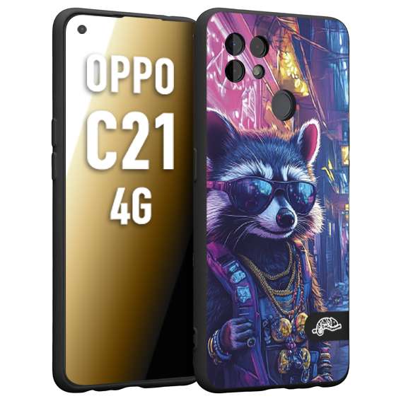 CUSTOMIZZA - Custodia cover nera morbida in tpu compatibile per Realme C21 4G animali simpatici cyberpunk procione racoon street cat fucsia blu giallo