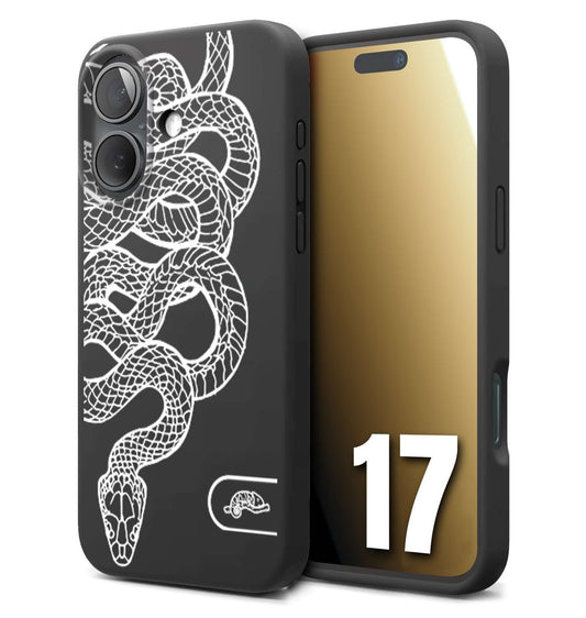 CUSTOMIZZA - Custodia cover nera morbida in tpu compatibile per iPhone 17 serpente snake bianco a rilievo disegnato tattoo tatuaggio