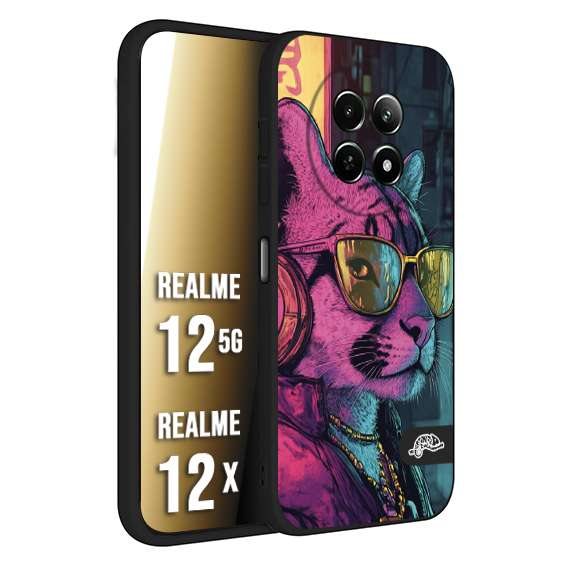 CUSTOMIZZA - Custodia cover nera morbida in tpu compatibile per Realme 12 5G - 12X animali cyberpunk pantera street cat fucsia blu giallo