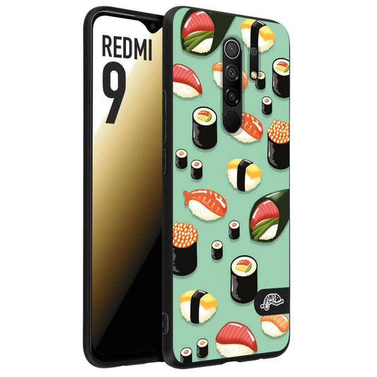 CUSTOMIZZA - Custodia cover nera morbida in tpu compatibile per Xiaomi Redmi 9 sushi disegni giapponese nighiri acquamarina verde