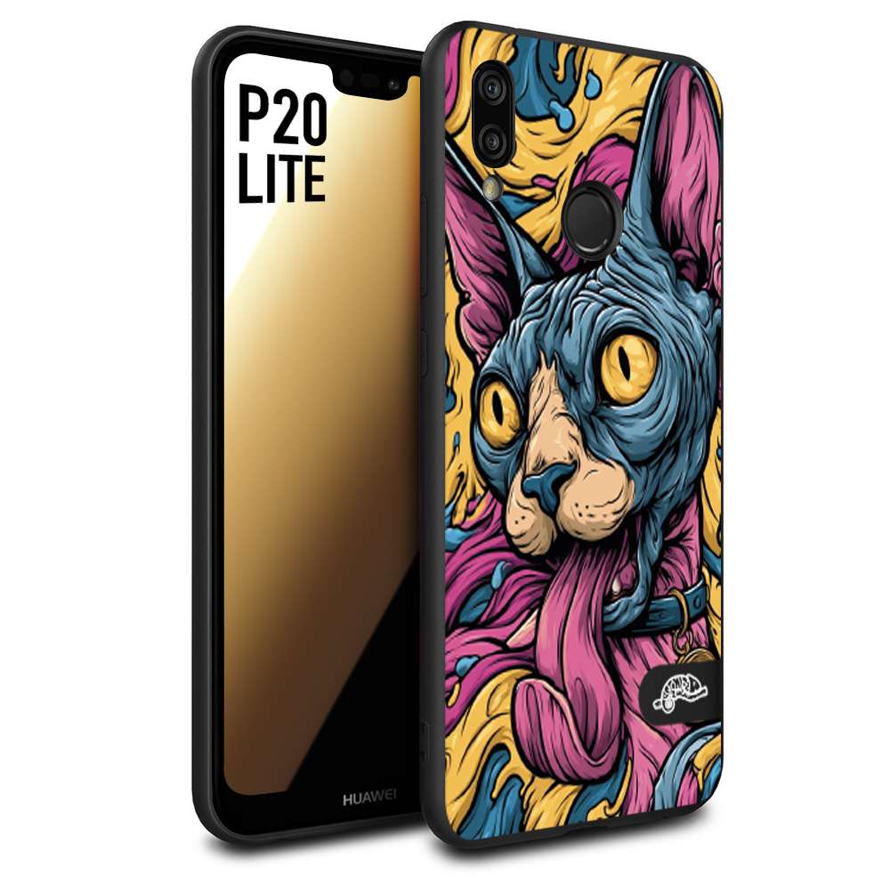CUSTOMIZZA - Custodia cover nera morbida in tpu compatibile per Huawei P20 LITE Sphynx Colorato Pop Art Psichedelico Gatto Blu Rosa Giallo Artistica Fantasy
