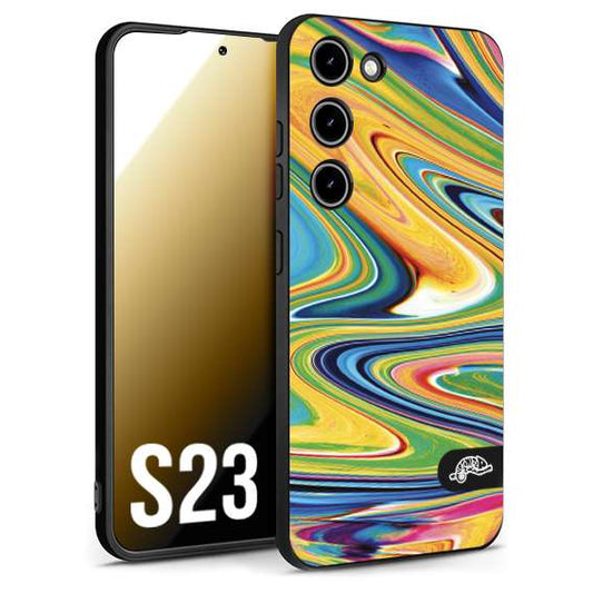 CUSTOMIZZA - Custodia cover nera morbida in tpu compatibile per Samsung S23 colorata fantasia vortice marmo arcobaleno gialla verde blu