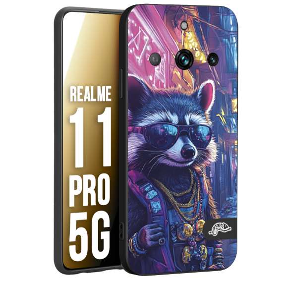 CUSTOMIZZA - Custodia cover nera morbida in tpu compatibile per Realme 11 PRO 5G animali simpatici cyberpunk procione racoon street cat fucsia blu giallo