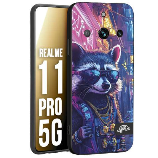 CUSTOMIZZA - Custodia cover nera morbida in tpu compatibile per Realme 11 PRO 5G animali simpatici cyberpunk procione racoon street cat fucsia blu giallo