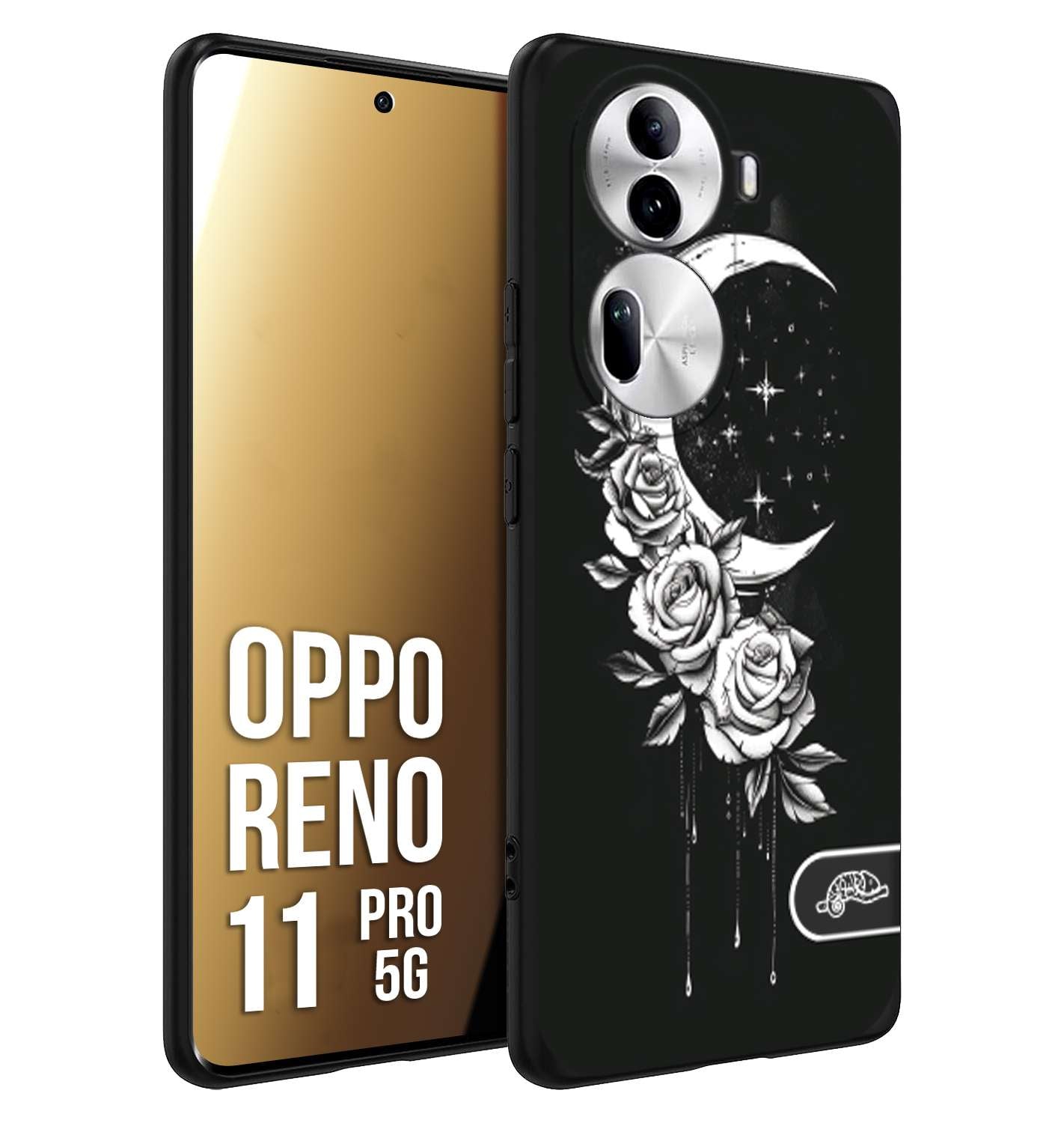 CUSTOMIZZA - Custodia cover nera morbida in tpu compatibile per Oppo Reno 11 PRO 5G luna e fiori moon flowers black and white bianco a rilievo disegnato tattoo tatuaggio