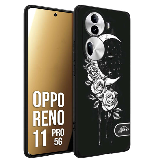 CUSTOMIZZA - Custodia cover nera morbida in tpu compatibile per Oppo Reno 11 PRO 5G luna e fiori moon flowers black and white bianco a rilievo disegnato tattoo tatuaggio