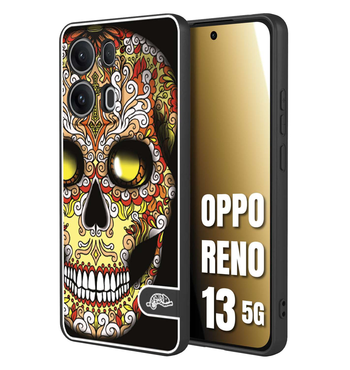CUSTOMIZZA - Custodia cover nera morbida in tpu compatibile per Oppo Reno 13 5G teschio messicano Mexican skull giallo rosso arancio