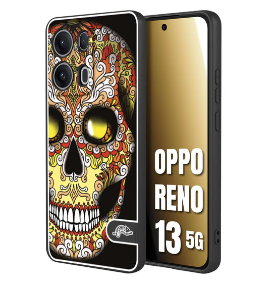 CUSTOMIZZA - Custodia cover nera morbida in tpu compatibile per Oppo Reno 13 5G teschio messicano Mexican skull giallo rosso arancio