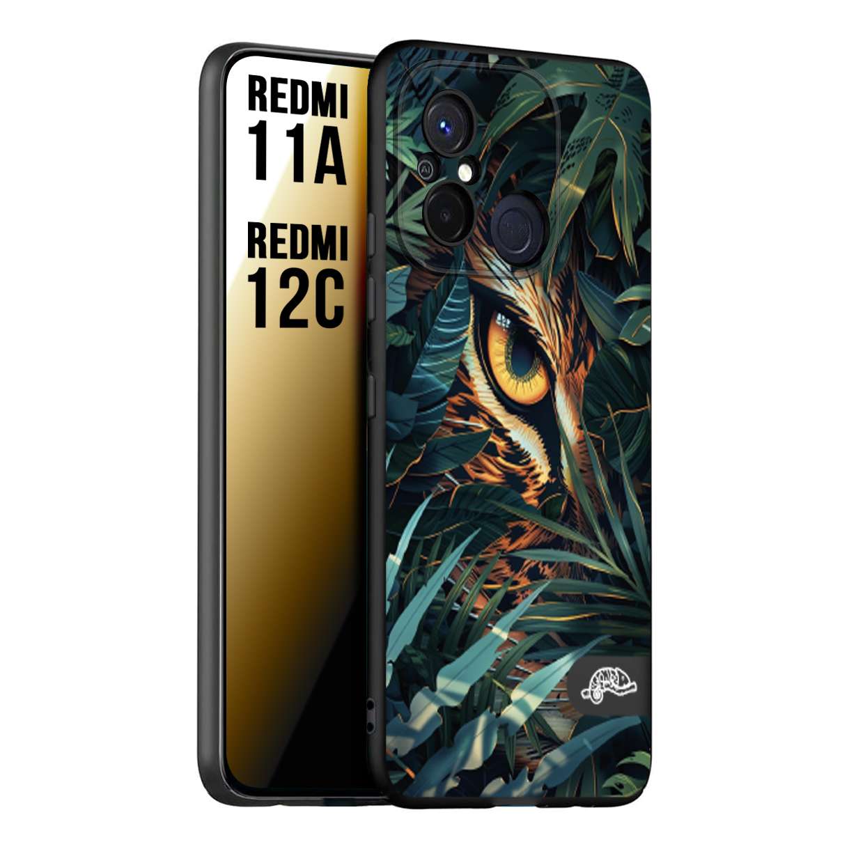 CUSTOMIZZA - Custodia cover nera morbida in tpu compatibile per Xiaomi Redmi 11A - 12C animali color giungla tropicale occhio di giaguaro felino disegnato