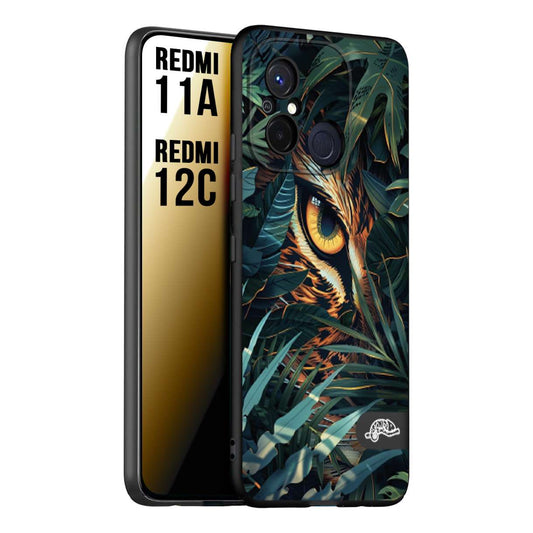 CUSTOMIZZA - Custodia cover nera morbida in tpu compatibile per Xiaomi Redmi 11A - 12C animali color giungla tropicale occhio di giaguaro felino disegnato