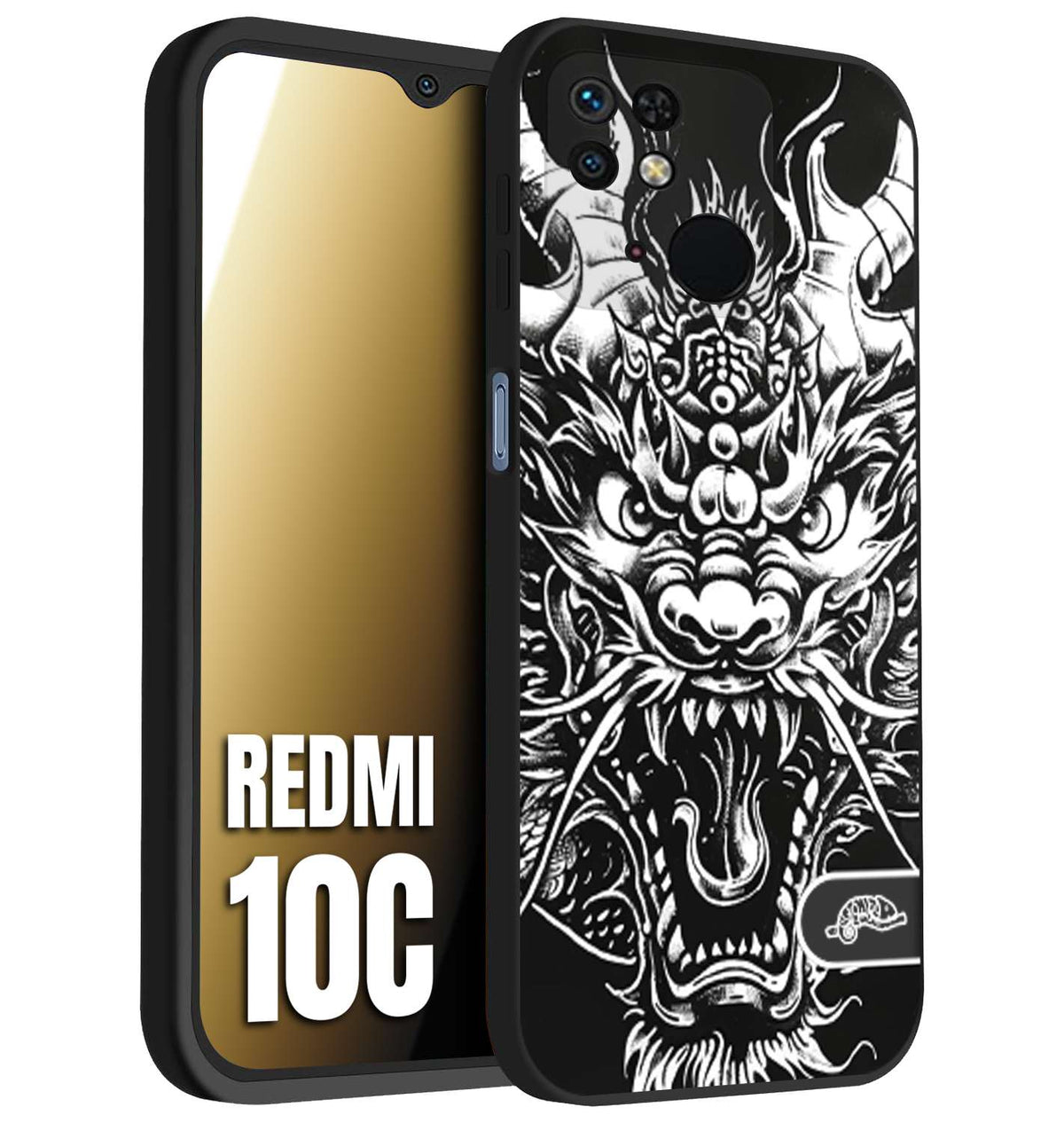 CUSTOMIZZA - Custodia cover nera morbida in tpu compatibile per Xiaomi Redmi 10C drago black and white bianco a rilievo disegnato tattoo tatuaggio