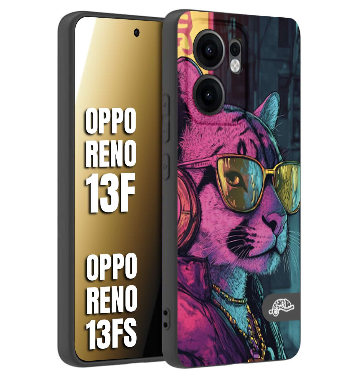 CUSTOMIZZA - Custodia cover nera morbida in tpu compatibile per Oppo Reno 13 F animali cyberpunk pantera street cat fucsia blu giallo