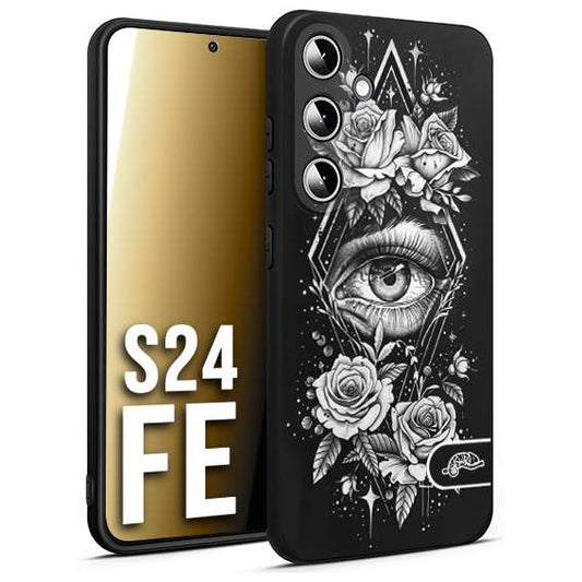 CUSTOMIZZA - Custodia cover nera morbida in tpu compatibile per Samsung S24 FE occhio fiori rombo geometrico black and white bianco a rilievo disegnato tattoo tatuaggio