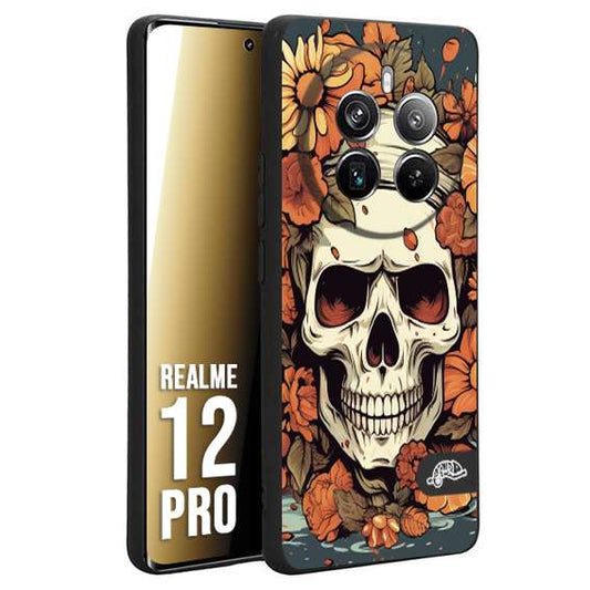 CUSTOMIZZA - Custodia cover nera morbida in tpu compatibile per Realme 12 PRO teschio skull flowers fiori tattoo disegnato alta definizione