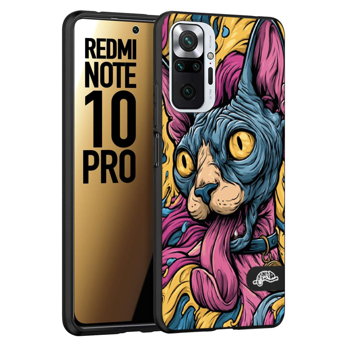 CUSTOMIZZA - Custodia cover nera morbida in tpu compatibile per Xiaomi Redmi Note 10 PRO Sphynx Colorato Pop Art Psichedelico Gatto Blu Rosa Giallo Artistica Fantasy