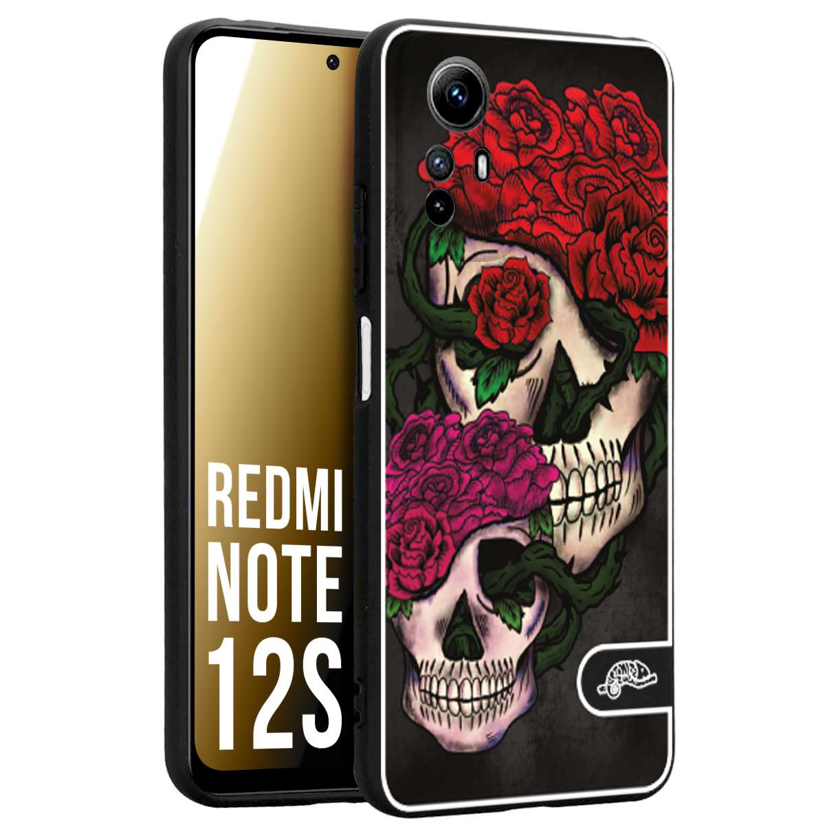 CUSTOMIZZA - Custodia cover nera morbida in tpu compatibile per Xiaomi Redmi Note 12S teschi e rose rosse fucsia skull and roses