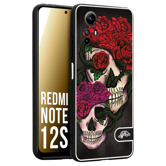 CUSTOMIZZA - Custodia cover nera morbida in tpu compatibile per Xiaomi Redmi Note 12S teschi e rose rosse fucsia skull and roses