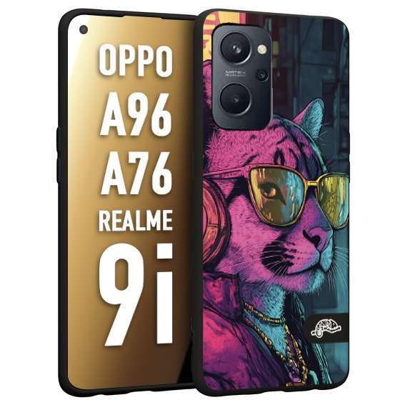 CUSTOMIZZA - Custodia cover nera morbida in tpu compatibile per Realme 9i - A96 - A76 animali cyberpunk pantera street cat fucsia blu giallo
