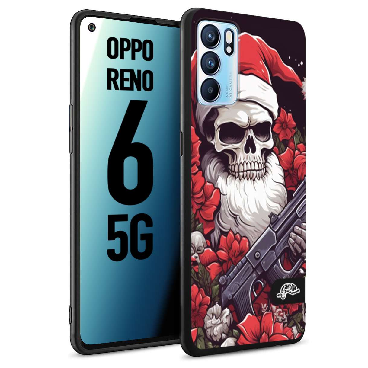 CUSTOMIZZA - Custodia cover nera morbida in tpu compatibile per Oppo Reno 6 5G teschio natale santa claus fiori tattoo disegnato