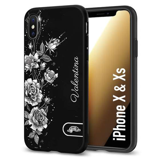 CUSTOMIZZA - Custodia cover nera morbida in tpu compatibile per iPhone X - Xs a rilievo soft touch personalizzata nome rose fiori donna