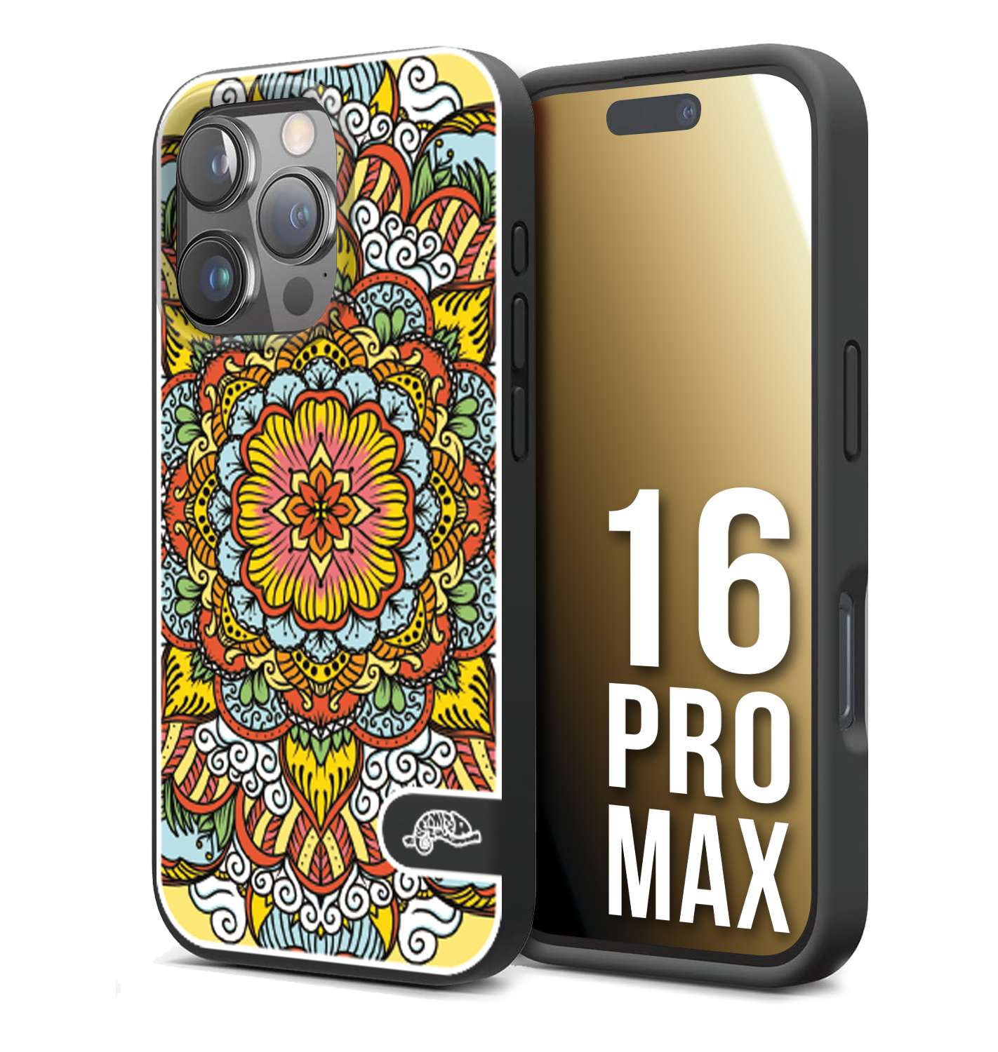 CUSTOMIZZA - Custodia cover nera morbida in tpu compatibile per iPhone 16 PRO MAX mandala colorato fiore nuvole arancione