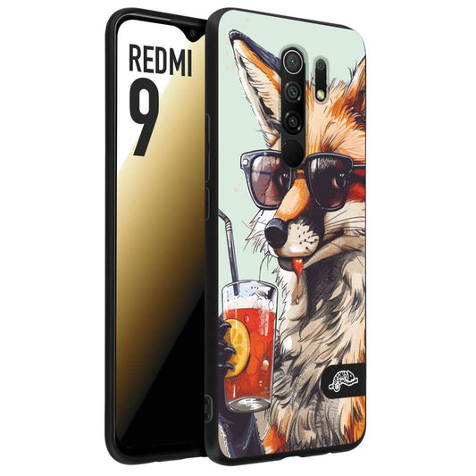 CUSTOMIZZA - Custodia cover nera morbida in tpu compatibile per Xiaomi Redmi 9 estate disegnata cocktails animali simpatici fox volpe negroni