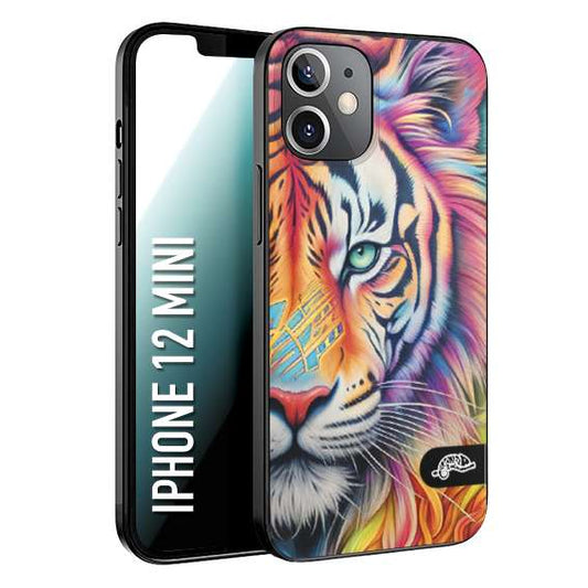 CUSTOMIZZA - Custodia cover nera morbida in tpu compatibile per iPhone 12 MINI animali color tigre tiger viso colori vibranti disegnato schizzo