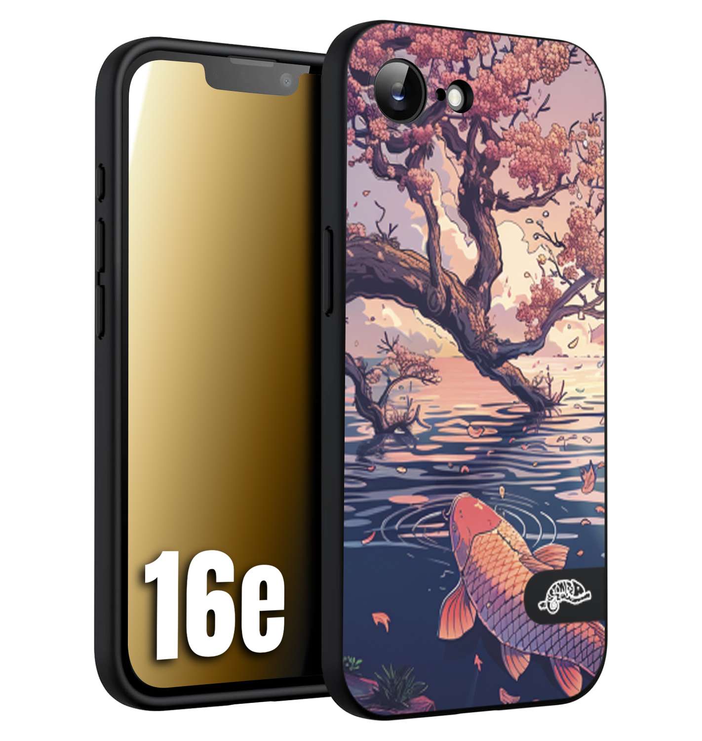 CUSTOMIZZA - Custodia cover nera morbida in tpu compatibile per iPhone 16E giapponese lago carpa koi rosa con foglie d'acero disegnata tattoo